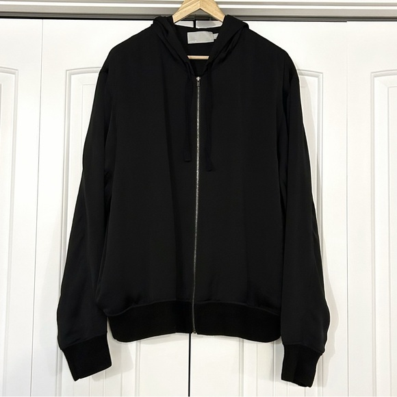Vince Black Satin Cotton Merino Wool Trim Zip Up Hoodie Jacket - Picture 4 of 8